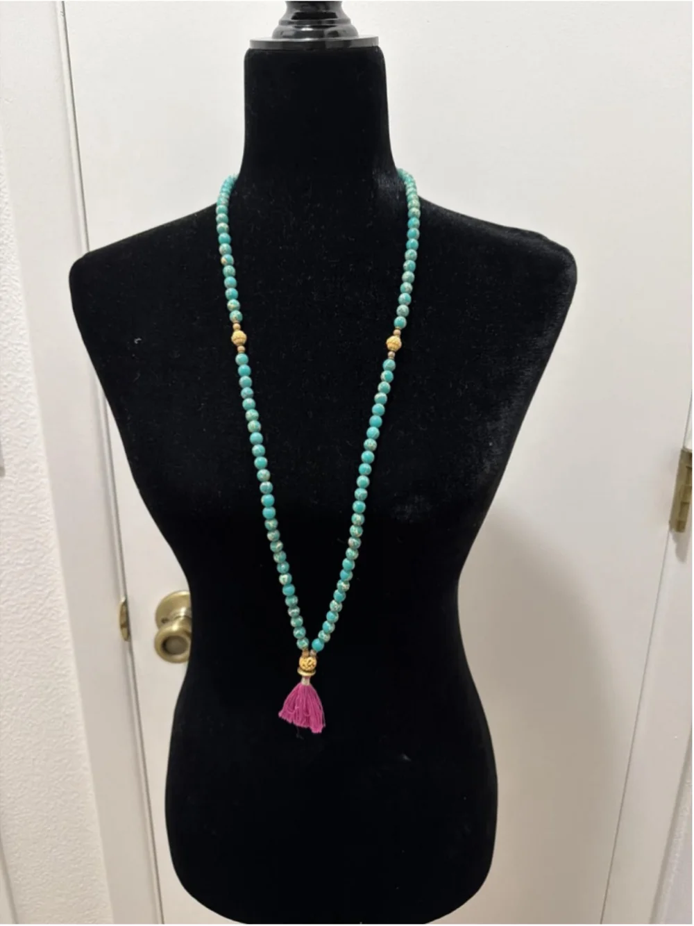Silver & Sage Open Heart Mala Necklace Jasper Bone Brass Tassel NWT